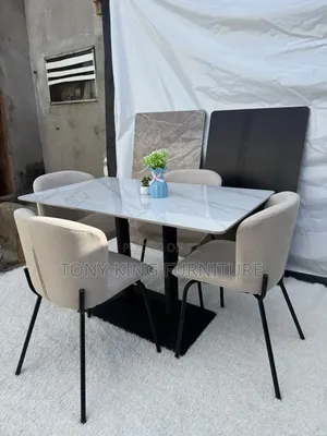 4-Seater Contemporary Dining Table Set - White Marble-Look Top