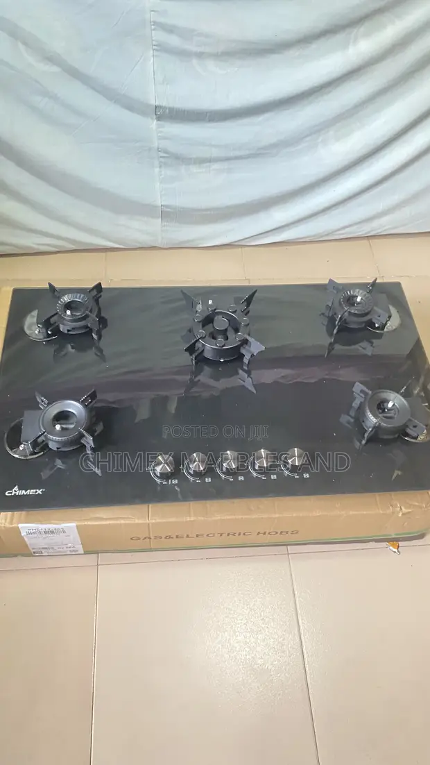 CHIMEX 5-Burner Black Glass Flip-Up Gas Hob - 1
