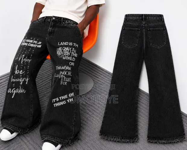 Unisex Black Wide Leg Baggy Jeans with Graphic Letter Print - 1