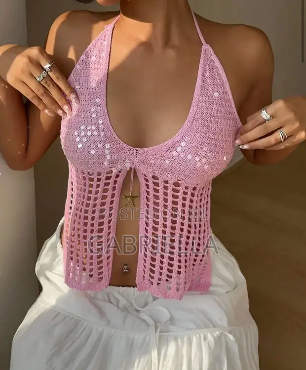Zara Women's Hollow-Out Sequin Crop Vest - Pink - 1