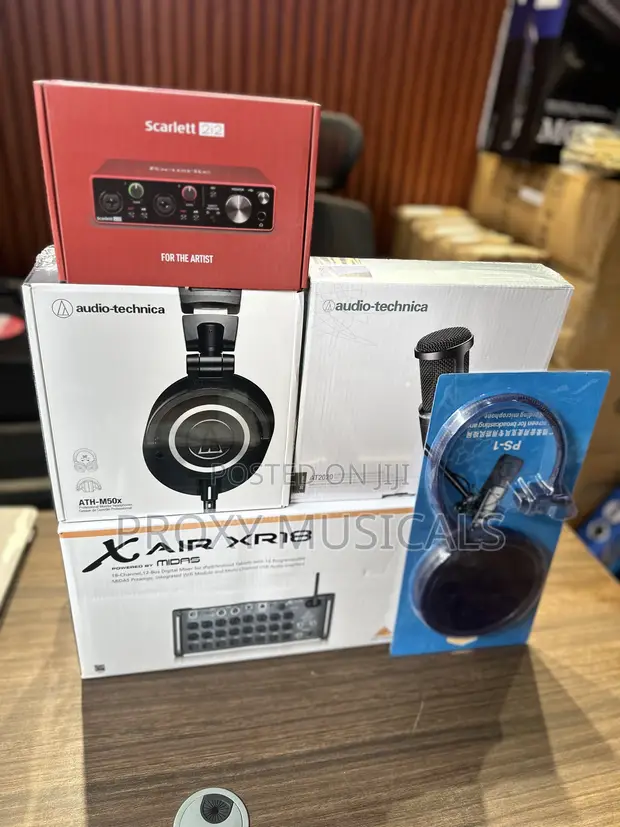 Behringer XR18 Digital Mixer, Focusrite Scarlett 2i2, AT2020 Mic, ATH-M50x Headphones - 1