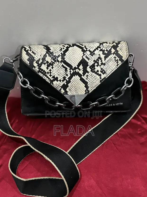 Original Charles & Keith Black Snakeskin Flap Crossbody Bag - 1
