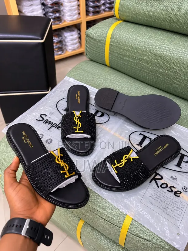YSL Style Rhinestone Flat Slide Sandals - Black/Gold - 1