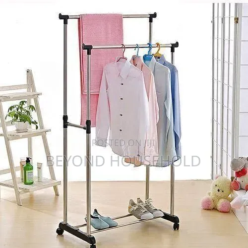 Adjustable Double Pole Clothes Hanger Stand - Garment Drying Rack - 1