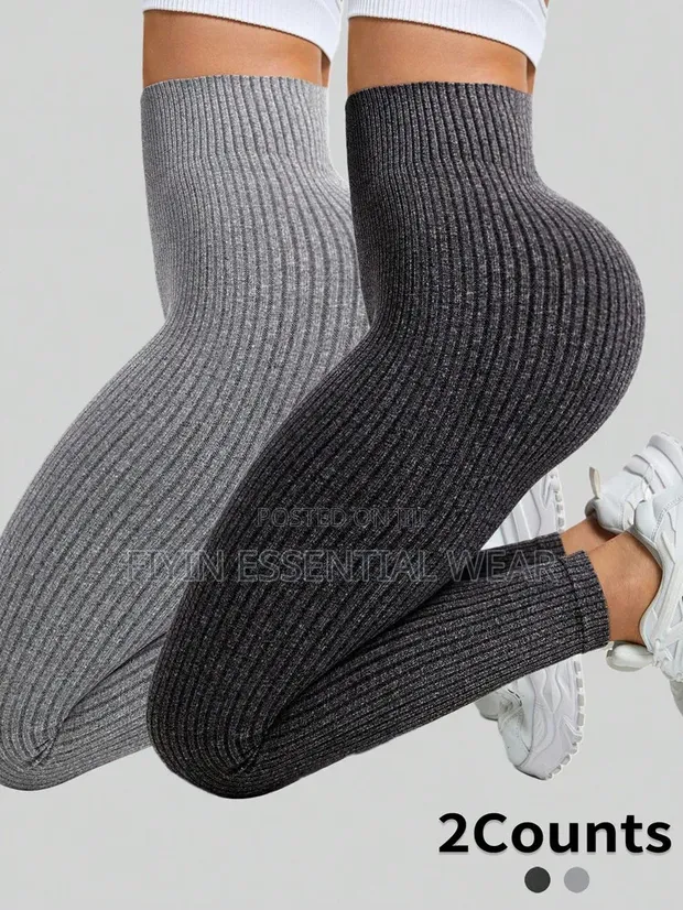 High-Waist Ribbed Knit Leggings - 1