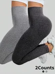 High-Waist Ribbed Knit Leggings - 1
