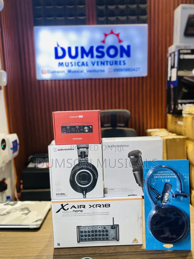 Behringer XR18, Focusrite Scarlett 2i2, AT2020 Mic, ATH-M50x Headphones - 1