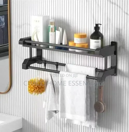 Single Layer Wall-Mounted Bathroom Shelf with Towel Rack - 1