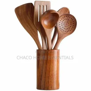 7-Piece Wooden Cooking Utensils Set with Holder