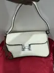 Chic Cream Leather Baguette Shoulder Bag with Silver H-Buckle - 2