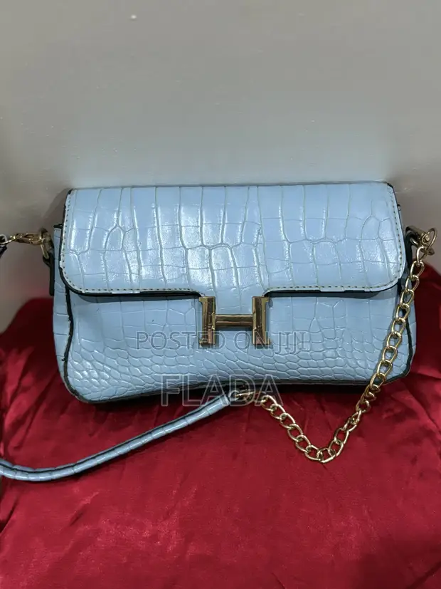 Trendy Sky Blue Croc-Effect Crossbody Bag with Gold Hardware - 1