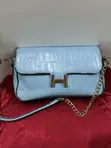 Trendy Sky Blue Croc-Effect Crossbody Bag with Gold Hardware - 1