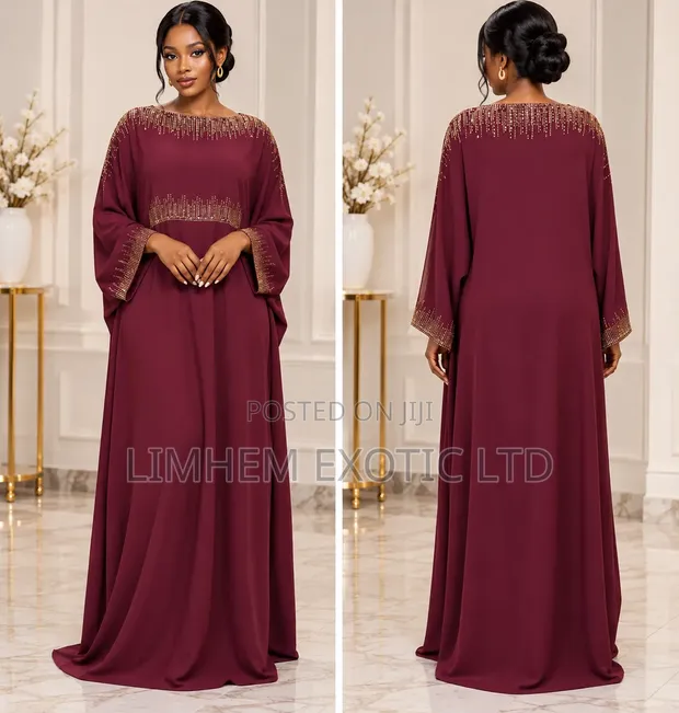 Elegant Burgundy Abaya with Stones - 1
