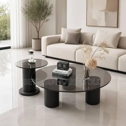 Tempered Smoked Glass Black Cylinder Coffee Table Set (2-Piece) - 1