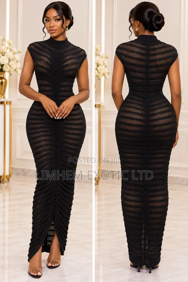Black Ribbed Sheer Bodycon Maxi Dress - 1