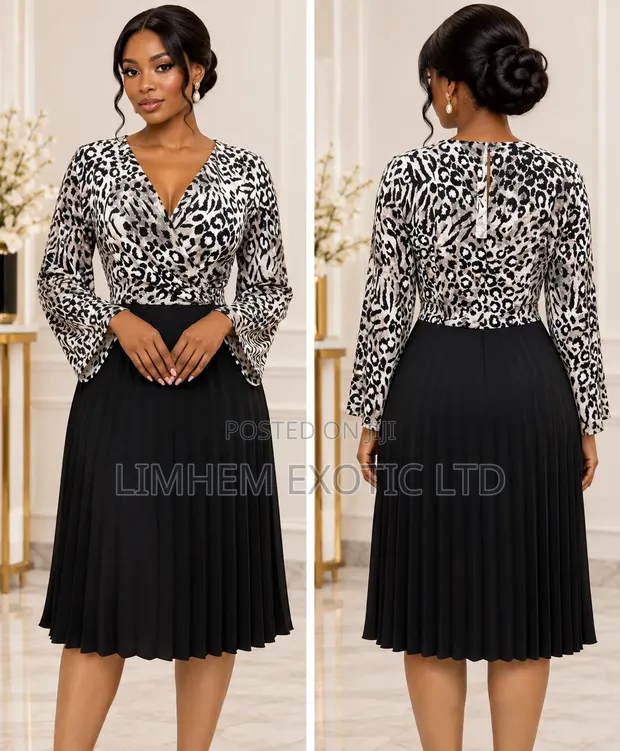 Elegant Midi Dress - Grey/Black Leopard Print - 1