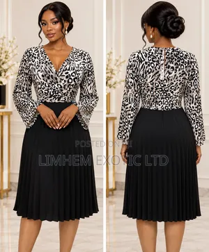 Elegant Midi Dress - Grey/Black Leopard Print