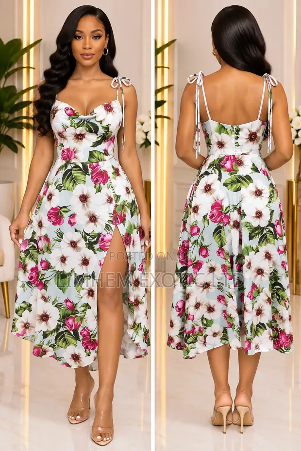 Floral Midi Dress with Tie-Straps - 1