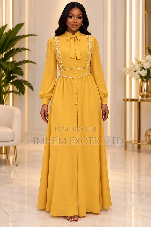 Long Sleeve Maxi Dress with Pearl Accents - 1