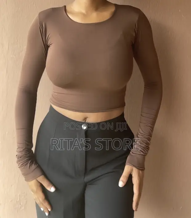 Crew Neck Crop Top - Brown - 1