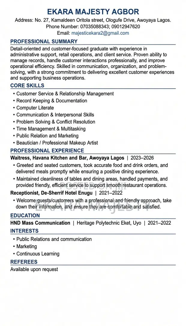 House Manager CV - Lekki, Lagos State - 1