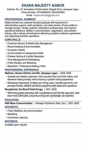 House Manager CV - Lekki, Lagos State
