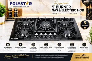 90cm Polystar 5-Burner Built-in Gas Cooker/Hob - Stainless Steel Black