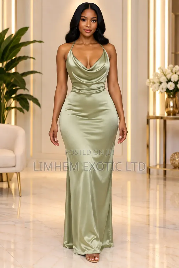 Satin Maxi Dress - Olive Green - 1
