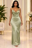 Satin Maxi Dress - Olive Green - 1