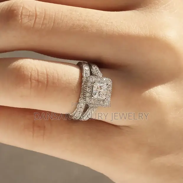 Silver-Plated Square Diamond Wedding Ring - 1