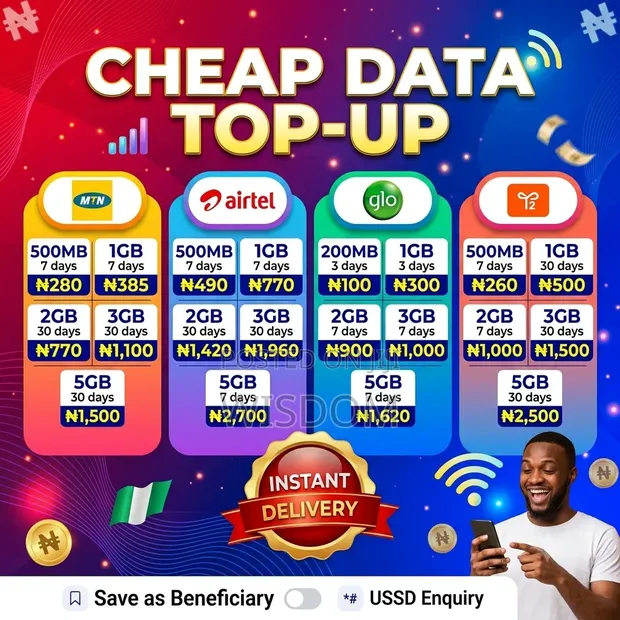 Instant Data Top-Up: MTN, Airtel, Glo, T2 Bundles - 1