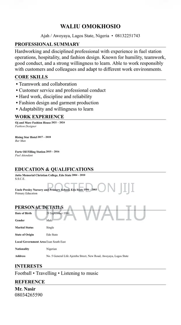 Manufacturing CV - Hardworking & Disciplined Individual - 1