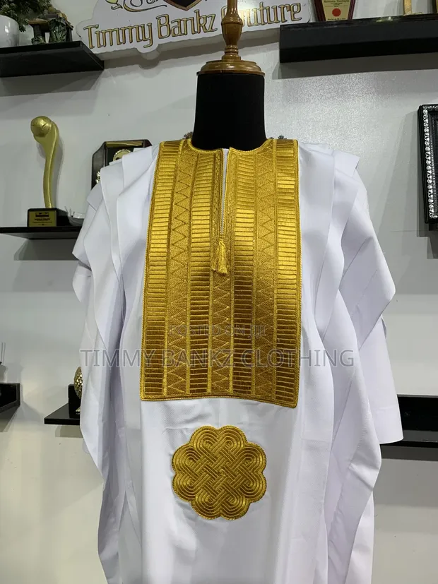 White Men's Agbada with Golden Embroidery - 1