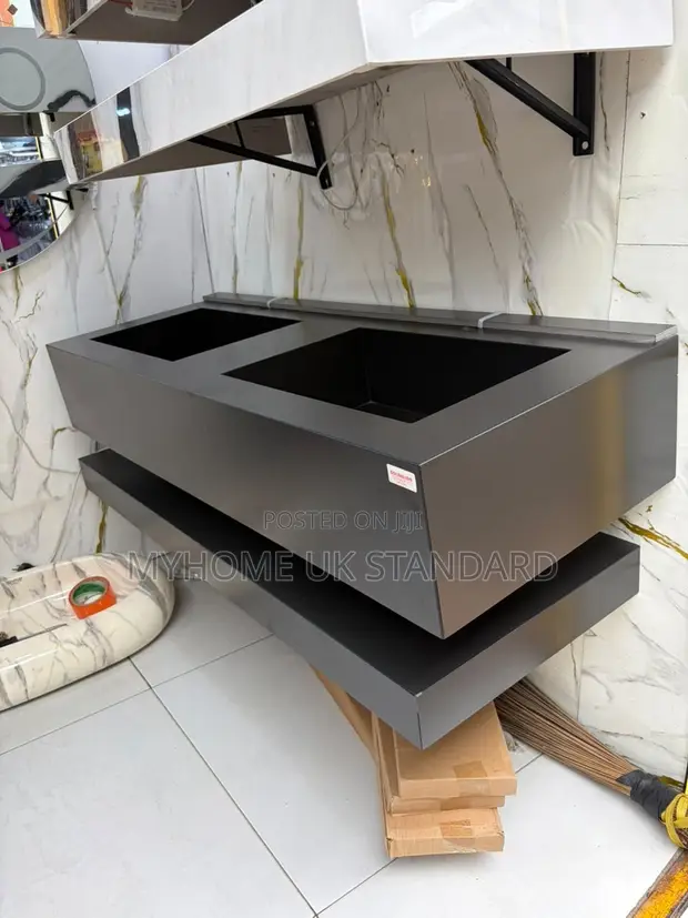 Modern Matt Black Wall-Mounted Double Sink Vanity - 1