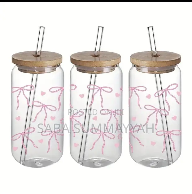 500ML Glass Tumbler Cup with Bamboo Lid & Straw (Set of 3) - 1