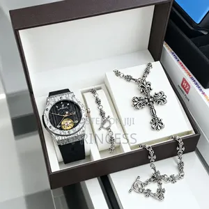 Luxury Men's Watch & Chrome Cross Necklace/Bangle Combo