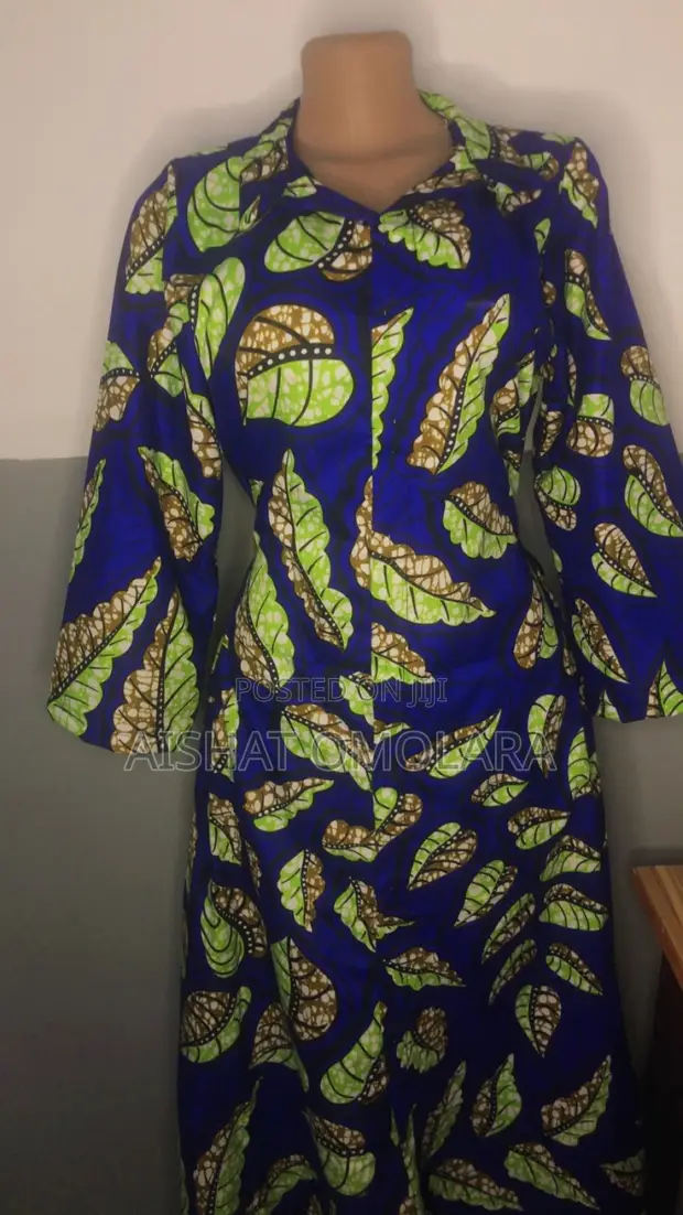 Ankara Shirt Dress - Blue Leaf Print - Size 12 - 1