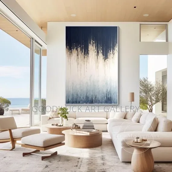 Vertical Abstract Wall Art - Navy Blue & White Textured Canvas - 1