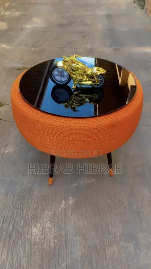 Orange Rope Tyre Center Table with 3D Black Glass Top