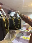 Black Embossed Monogram Structured Handbag with Golden Chain - 2