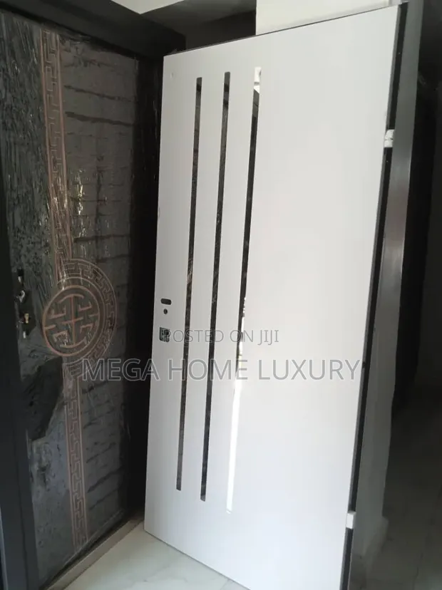 Modern White Slatted Door with Glass Accents - 1