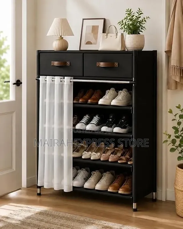 Black 6-Tier Fabric Shoe Rack with Storage Drawers & Curtain - 1