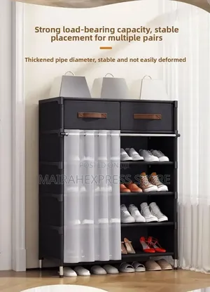 Black 6-Tier Fabric Shoe Rack with Storage Drawers & Curtain