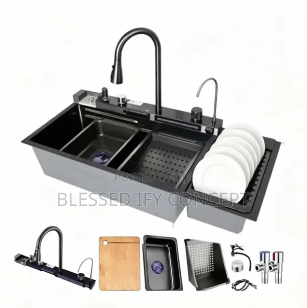 Modern Digital Kitchen Sink with Basin, Cutting Board & Drain Basket - 1