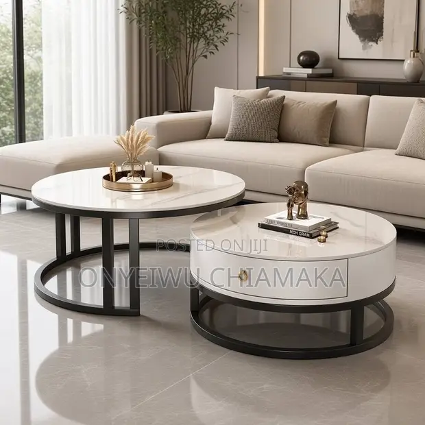 Modern Round Coffee Table Set - White Marble-Look Top - 1