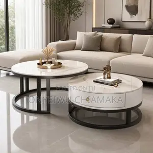Modern Round Coffee Table Set - White Marble-Look Top