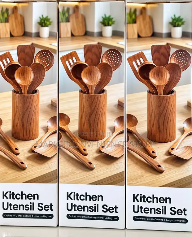 King 6-Piece Wooden Cooking Spoon Set with Base - 1