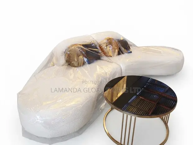 Curved Bouclé Sectional Sofa & Gold Coffee Table Set - 1