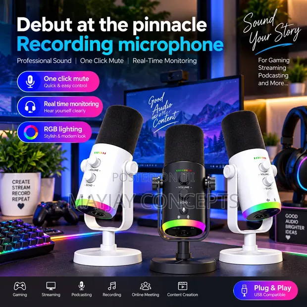 Pro RGB Recording Microphone tare da Mute & Volume Control - 1