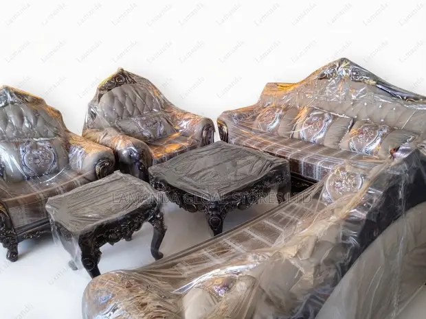 Royal Carved Wood Damask Living Room Set - 1
